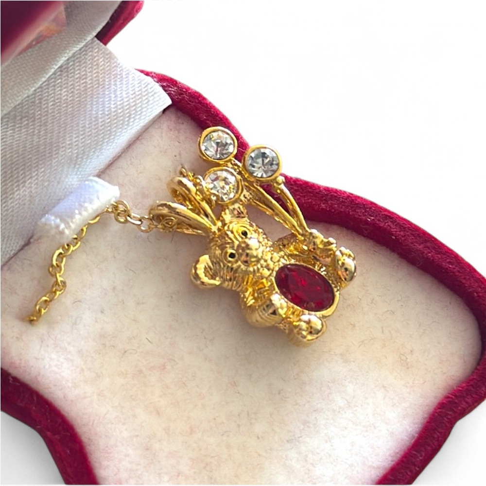 NIB January Garnet Birthstone Teddy Gold Necklace and Red Teddy Box New